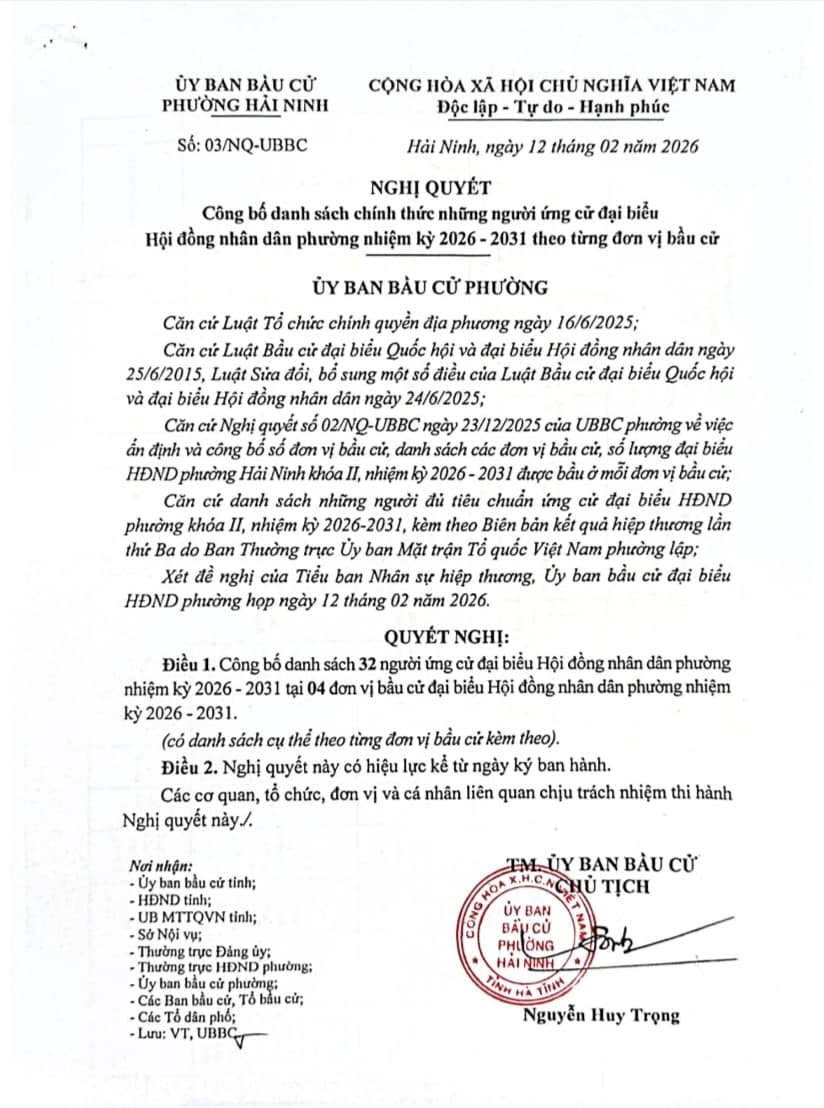 Nghị quyết công bố danh sách chính thức những người ứng cử đại biểu HĐND phường nhiệm kỳ 2026 - 2031 theo từng đơn vị bầu cử